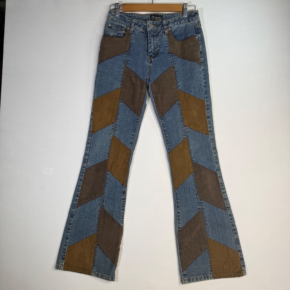 Patchwork Low Rise Flare Jeans Brown Faux Suede Denim Y2K Womens Stretch